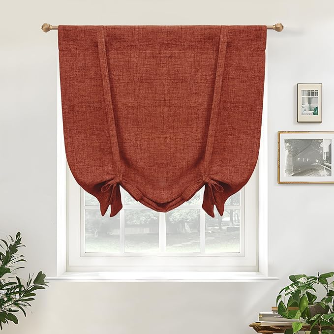 DriftAway Double Layer Linen Blackout Tie Up Curtains Thermal Insulated Fully Lined Balloon Roman Shade Bathroom Window Adjustable Rod Pocket for Small Window 31 Inch by 47 Inch Burnt Orange