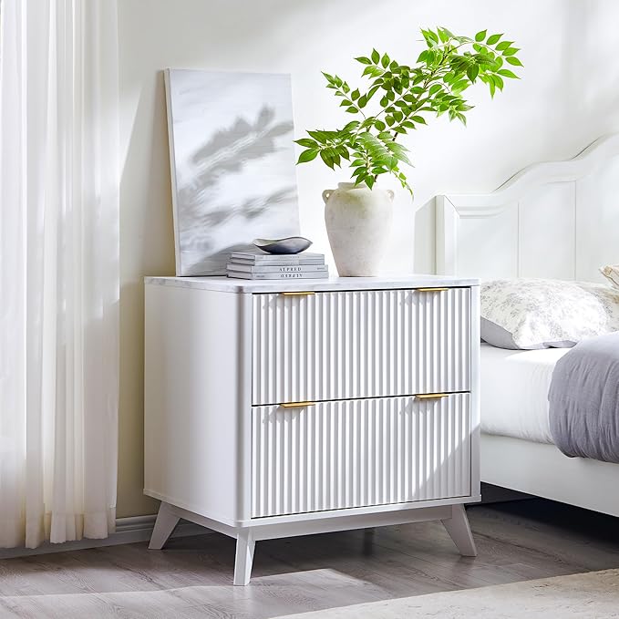 T4TREAM Fluted Night Stand Set 2, 30" Tall Bedside Table with 2 Drawers & Large Tabletop, Modern Wood Side Tables Bedroom, End Table for Living Room, White