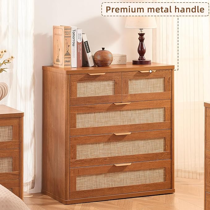 LEYAOYAO Rattan Dresser for Bedroom, 33.5" Tall Chest of Drawers, Modern 5 Drawers Boho Dressers with Storage, Vintage Brown Dresser Wooden Closet Organizer for Living Room, Hallway