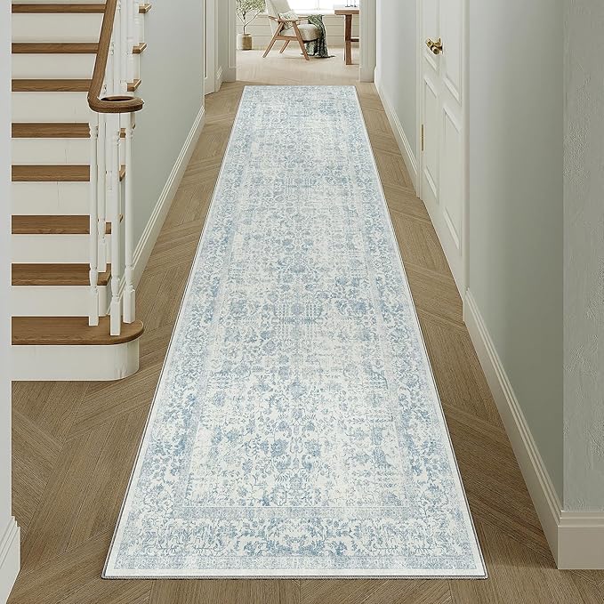 Blue Runner Rug 3x8 Hallway Machine Washable Kitchen Vintage Distressed Non Slip Long Carpet Indoor Retro Floral Bedroom Accent Throw Rug for Bathroom Office Laundry Dining Room