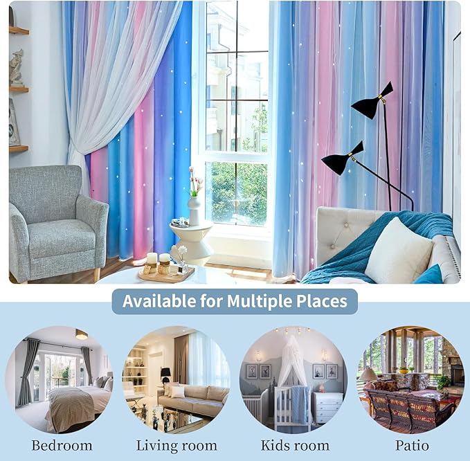 Star Curtains Blackout Curtains for Bedroom Cute Curtains Kids Curtains Rainbow Curtains, Curtains 72 Inches Long 2 Panels, Blue & Purple & Pink Curtains, 42 X 72 Inches