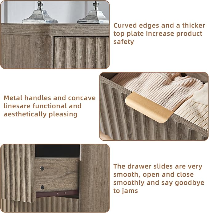 LEYAOYAO Fluted Dresser and Nightstand Sets, Wood 48" Wide Dresser & 23" Night Stand with Charging Station, 2 Piece Bedroom Furniture Set, Chest of Drawers for Bedroom, Home, Living Room, Grey
