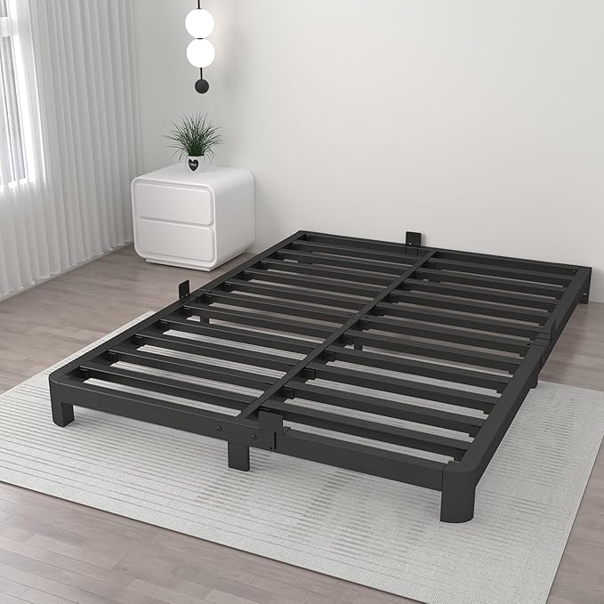 ITIMIDI 4 Inch Full Bed Frame, Platform Bed Frames with Metal Gaskets, No Box Spring Needed, Heavy Duty Steel Slat Support, Anti-Slip Mattress Stopper, Round Corner Leg, Easy Assembly, Black