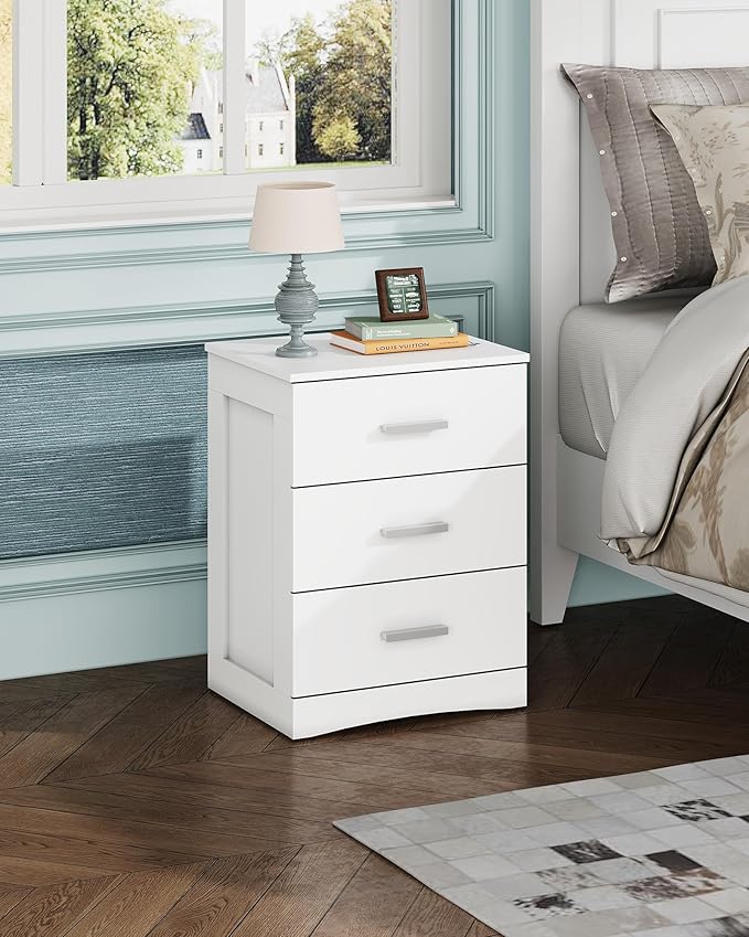 WLIVE White Night Stand with 3 Drawers, Small Nightstand with Storage, Wooden Bedside Table Modern End Table for Bedroom, Living Room, Office, 12.9" D x 16" W x 21.6" H