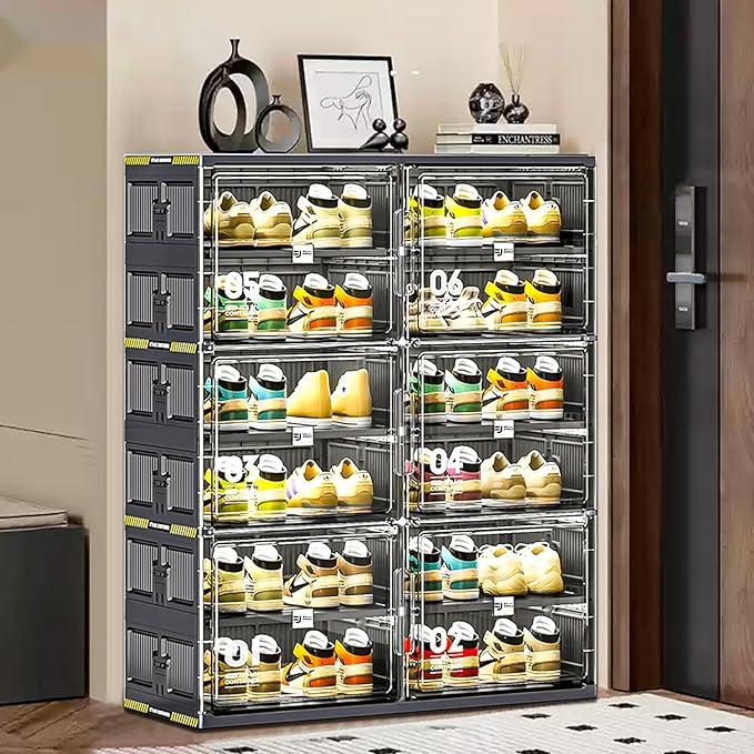 24 Pairs Portable Shoe Storage Cabinent of 3-Step Fast Installation,Plastic Shoe Box with Magnetic Clear Door for Entryway, Enclosed Shoe Rack for Sneaker, Heels etc.. (2Row, 6Tier)