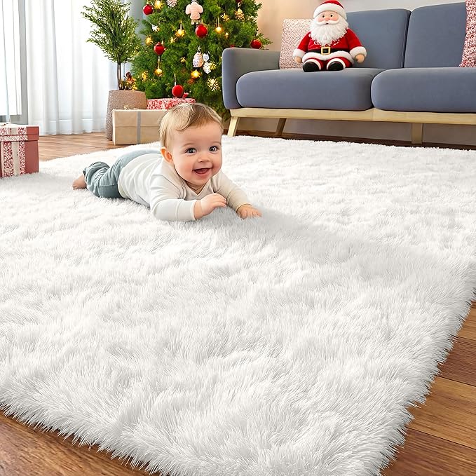 OLANLY Area Rugs for Living Room Bedroom, Machine Washable 4x5.9 ft Soft Fluffy Shaggy Bedside Rug, Indoor Floor Carpet for Kids Girls and Boys, Dorms, Nursery Rooms, Home Decor Aesthetic, White