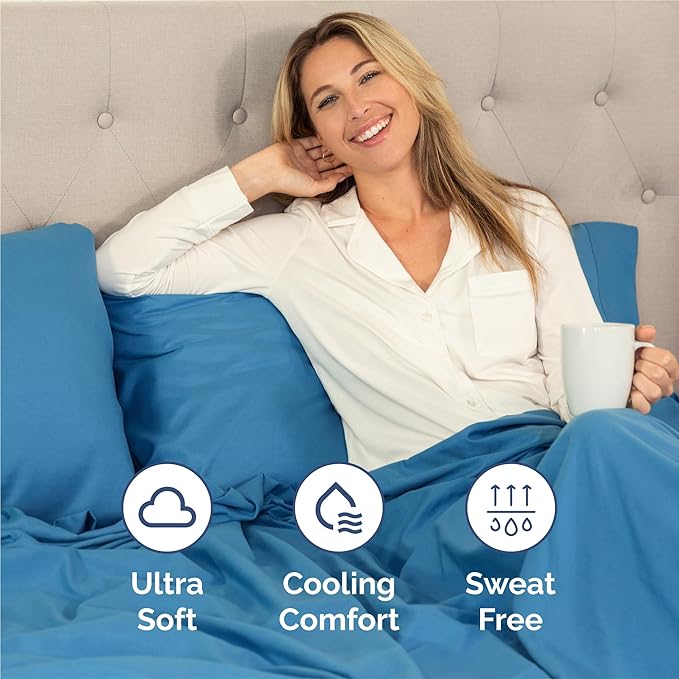 Split King 7 Piece Sheet Set - Cooling & Breathable - Hotel Luxury Bedding, Includes Fitted Sheets for Women, Men, Kids & Teens - 1 Flat, 2 Fitted Sheets, 4 Pillowcases w/Deep Pockets - Denim Blue