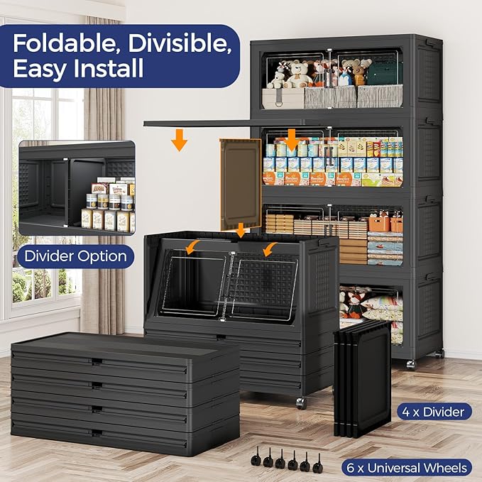 200GAL Extra Large Storage Bins with Lid, 800Qt Stackable Closet Organizers and Drawers, Collapsible Storage Bins with Wheels, Folding Containers for Home, Kitchen Office, 4Pack Black