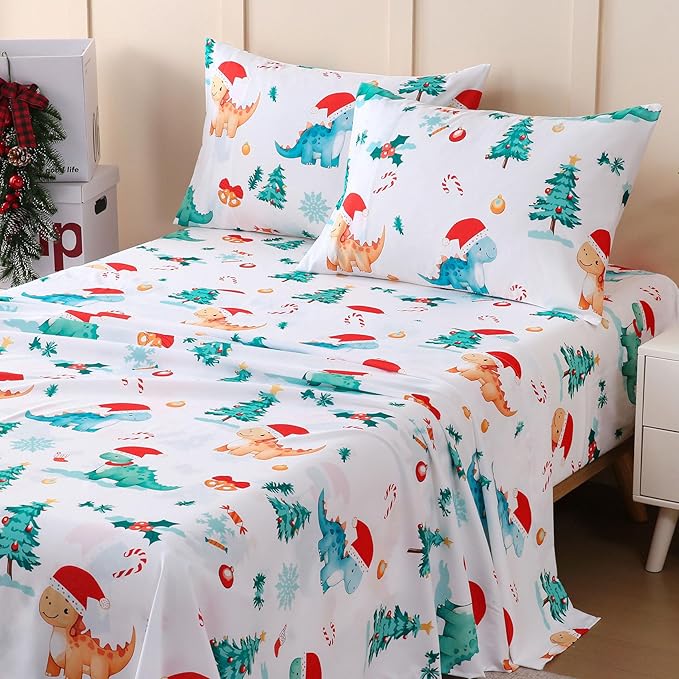 JSD Dinosaur Kids Christmas Sheet Set Twin Size, 3 Piece Soft Printed Microfiber Bed Sheets Deep Pocket