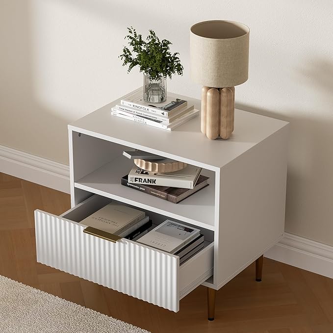 White Nightstand with Drawer, End Table with Storage, Bed Side Table with Open Space for Bedroom, Modern Nightstand with Golden Handle, Side Night Stand for Bedroom, Living Room, White