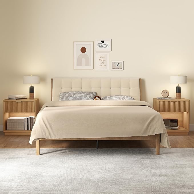 Miereirl Fluted Nightstands Set of 2 with Charging Station, LED Nightstand with Rounded Edge, 22" W Farmhouse Nightstand for Bedroom, Natural Oak