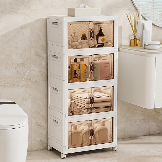 Storage Bins with 2 Lids and Wheels, 270QT-45QT*6Tier Collapsible Bathroom Storage Cabinet with Clear Doors, Plastic Stackable Closet Organizers and Containers White