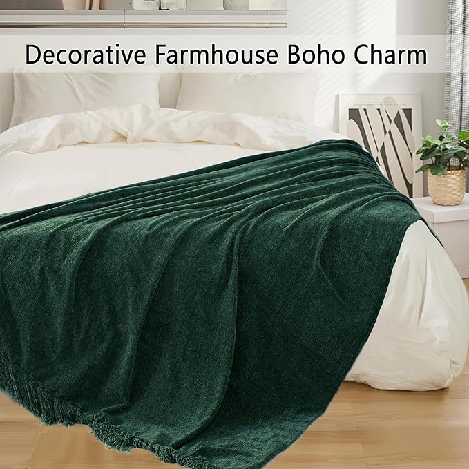 Chenille Throw Blanket for Couch 50"X 60", Soft Cozy Throws with Fringe Tassel for Bed Sofa Chair Cover, Lightweight Knitted Decorative Boho Blankets for Living Room, Dark Green
