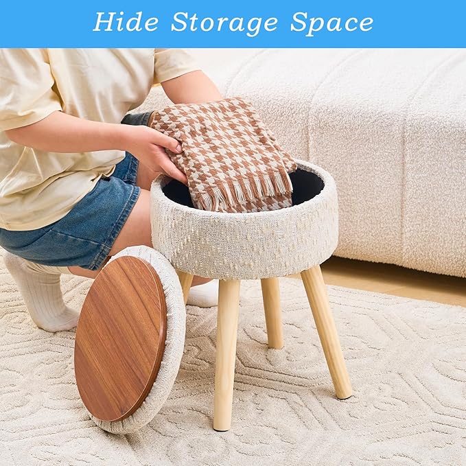 Mxfurhawa Storage Ottoman Velvet Round Vanity Stool Tray Top Modern Foot Stool with Wood Legs Multifunctional Upholstered Foot Ottoman Rest for Living Room, Bathroom