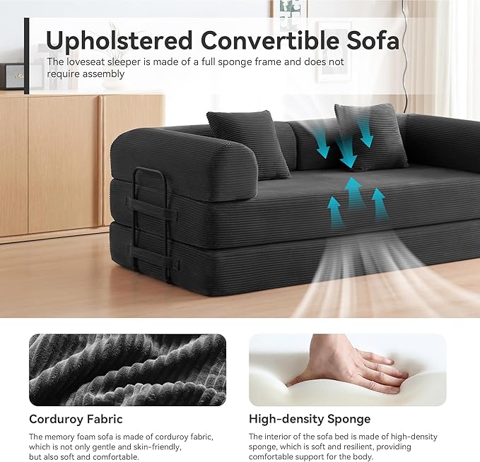 Convertible Sleeper Bed with 2 Cylindrical Pillow, Comfy Foldable Bed Compressed Sofa in Box, Floor Sofa Lounge Couch for Living Room Bedroom Lounge Studio, Tool-Free Assembly (Black)