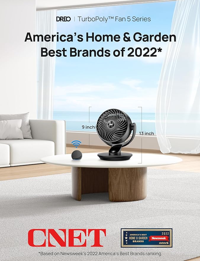 Dreo Smart Fan for Bedroom,120° Vertical and 90° Oscillating Fan with Remote/Voice, 13 Inch Height Quiet Air Circulator for Whole Room, 70 ft, 4 Speeds, 5 Modes, 12H Timer, Desk Fans for Home，Black