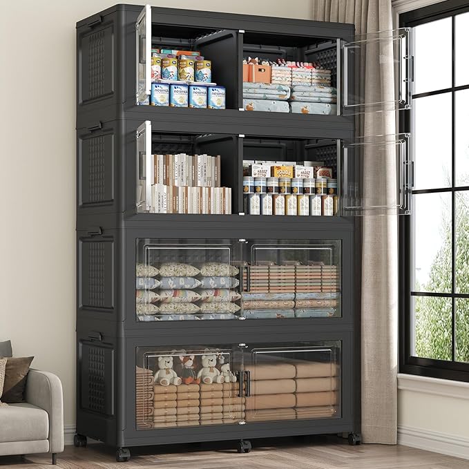 200GAL Storage Bins with Lid and Wheels, Stackable Closet Organizers and Storage Drawer, Collapsible Storage Box with Dividers, Foldable Plastic Cabinets for Room, Kitchen, 4 Pack Black