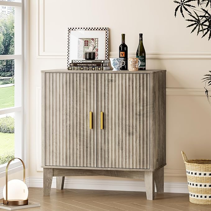 Storage Cabinet with Doors and Adjustable Shelf, Modern Fluted Sideboard Buffet Cabinet, Freestanding Coffee Bar for Kitchen, Pantry, Entryway, Living Room (Weathered Gray)