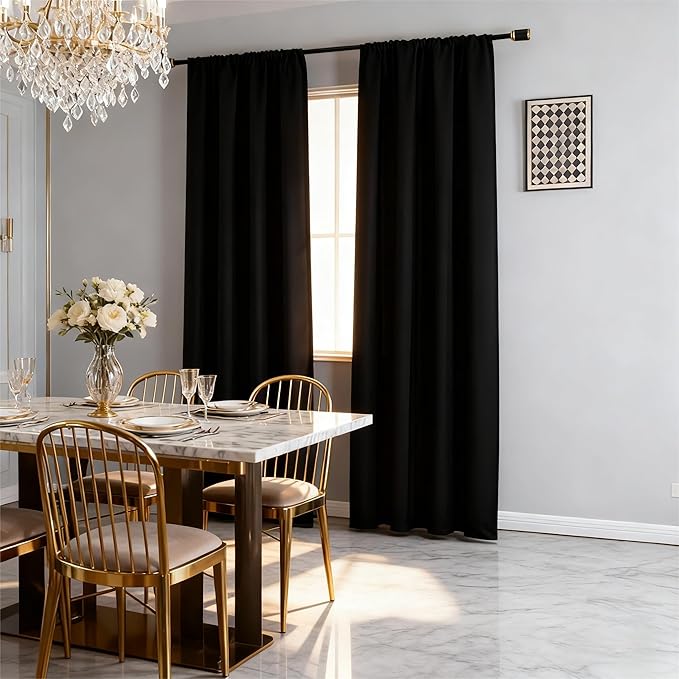 Black Blackout Curtains 96 Inch Length 2 Panels Set, Black Out Curtains for Bedroom 96 Inch Long, Rod Pocket Energy Saving Room Darkening Drapes for Living Room Window(W52 x L96)