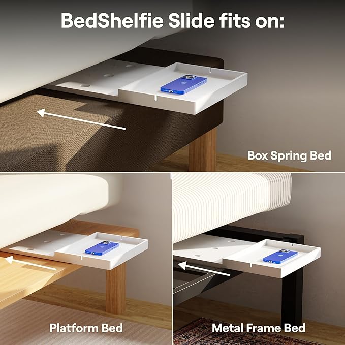 BedShelfie Bedside Shelf for Dorm Room Bunk Bed & Top Bunk, College Dorm Room Essentials, Bedside Caddy, Clip on Floating Desk Tray, Bed Side Table Storage, Loft Nightstand Decor- White Wood Slide