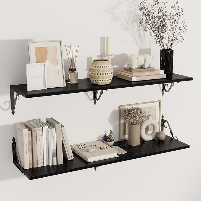 Dreamland Deep Floating Shelves, 48" W x 12" D Wall Shelves Set of 2, Wide Display Shelf Wall Mounted with Brackets, Bookshelf for Living Room, Bathroom, Bedroom, Black