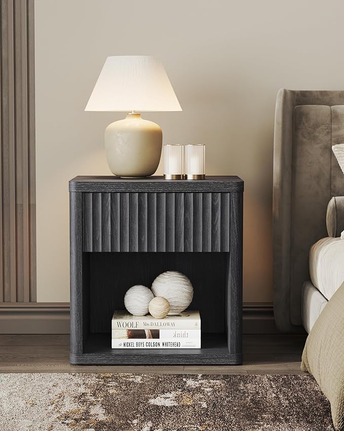 SICOTAS Night Stand Set of 2 Nightstands with Drawer Storage Fluted Bed Side Table End Table Large Modern Wide Bedside Mid Century Night Stands for Bedroom Living Room Sofa Office, Dark Grey Alder