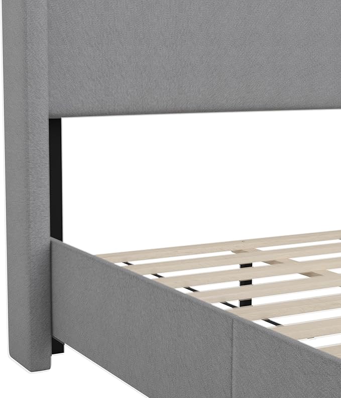 EMMA + OLIVER Nora Twin Size Faux Linen Upholstered Platform Bed with Plush Padded Wingback Headboard (No Box Spring Needed), Modern Upholstered Headboard Twin Bed Frame, Gray