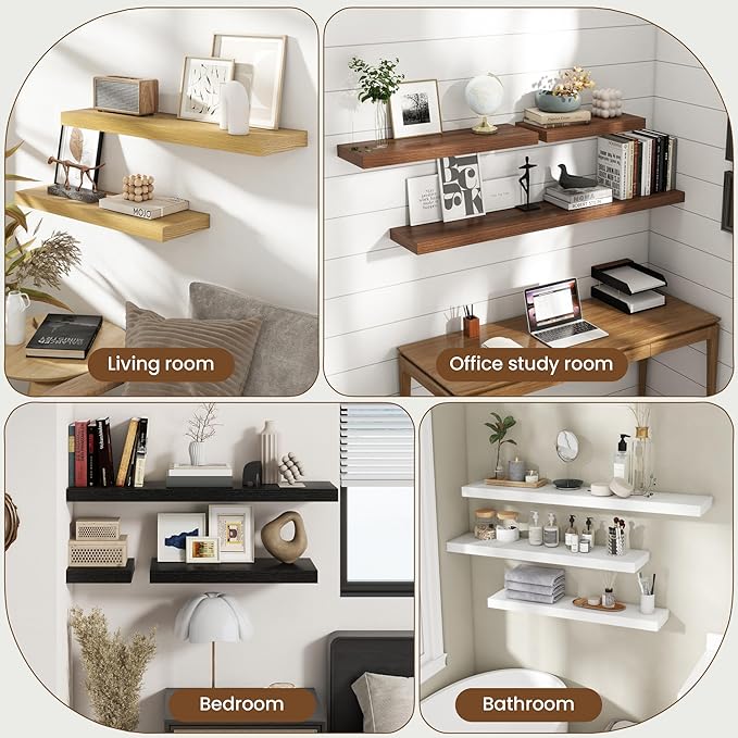 30 Inch Floating Shelves for Wall, 8 Inch Deep Floating Shelf for Storage & Display, Rustic Wall Mounted Shelf with Invisible Brackets for Living Room, Kitchen, Bathroom, Home Decor, Set of 2, Black