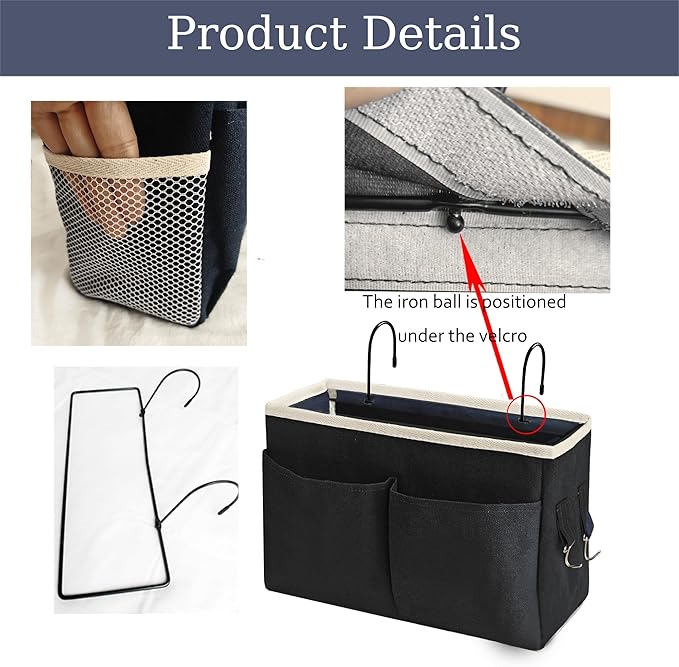Someteth Bedside Caddy/Bedside Hanging Storage Bag Multi-Function Caddy for Bunk bed Hospital Beds Dorm Bed Rails, Holders Books Glasses Phones Magazine（2pc Black）