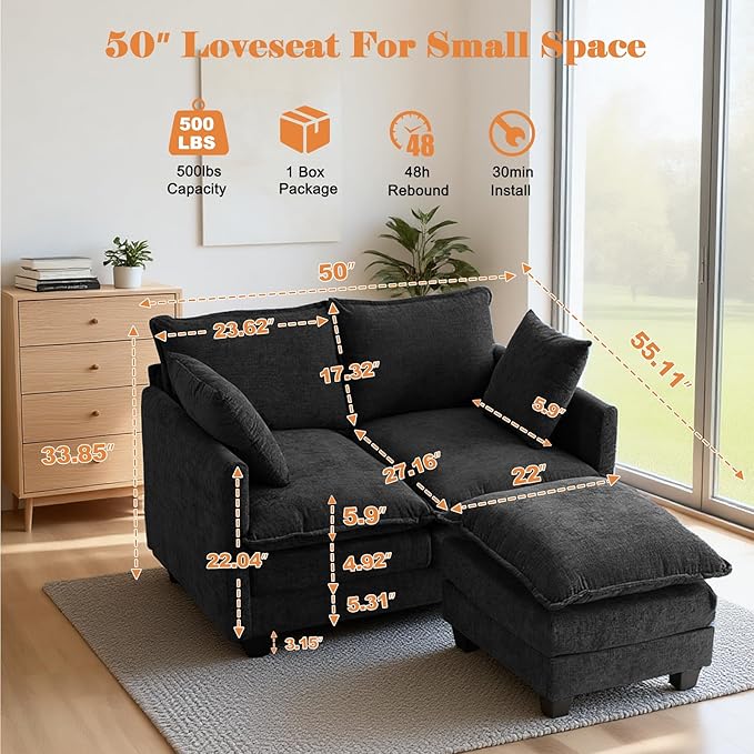 Loveseat Sofa with Ottoman, 50'' Modern L-Shape Cloud Couch Sofa Loveseat with 22'' Ottoman for Small Space/Apartment/Office/Living Room 8834-BLACK-L
