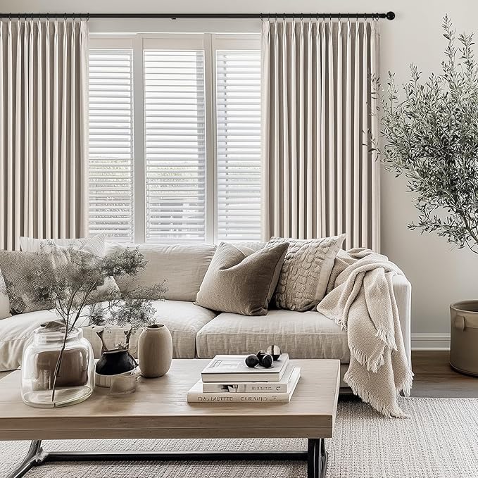 Topfinel 90 Inches Long Full Blackout Linen Curtains for Bedroom, Oatmeal Pinch Pleated Sound Block Curtains, Beige Decorative Elegant Farmhouse Lined Drapes 2 Panels Set for Living Room Sliding Door