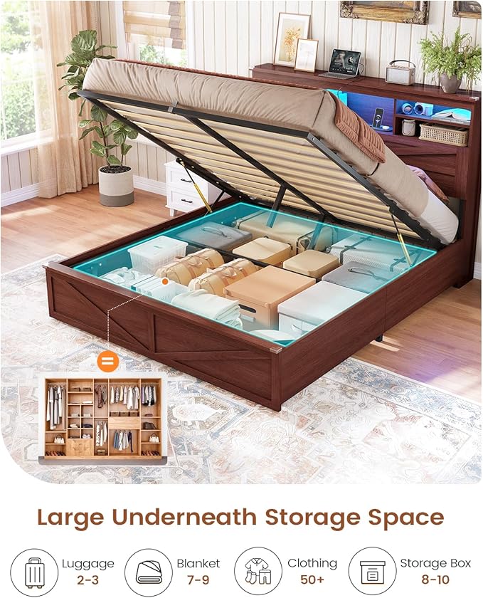 AOGLLATI Farmhouse Full Size Bed Frame with Lift Up Storage & Hidden Bookcase Storage Headbord, Wood Bed Frame Full with Charging Station, Led Lights, No Box Spring Needed, Brown
