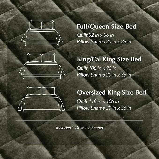 RECYCO Luxury Velvet Quilt Set, California King 118'' x 106'' Oversized Bedspread, Ultra Soft Velvet Comforter, Lightweight Box Stitch Bedding Sets for All Season, with 2 Shams, Olive Green