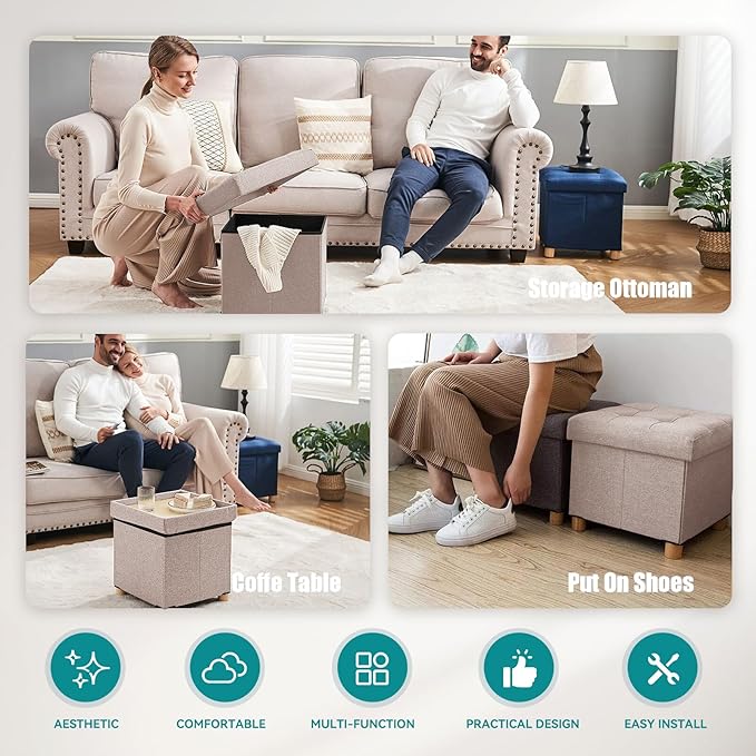 BRIAN & DANY Ottoman with Storage, Small Storage Ottoman for Dorm, Linen Folding Ottoman Foot Stool with Legs for Living Room and Bedroom, 15"x15"x15" - Beige