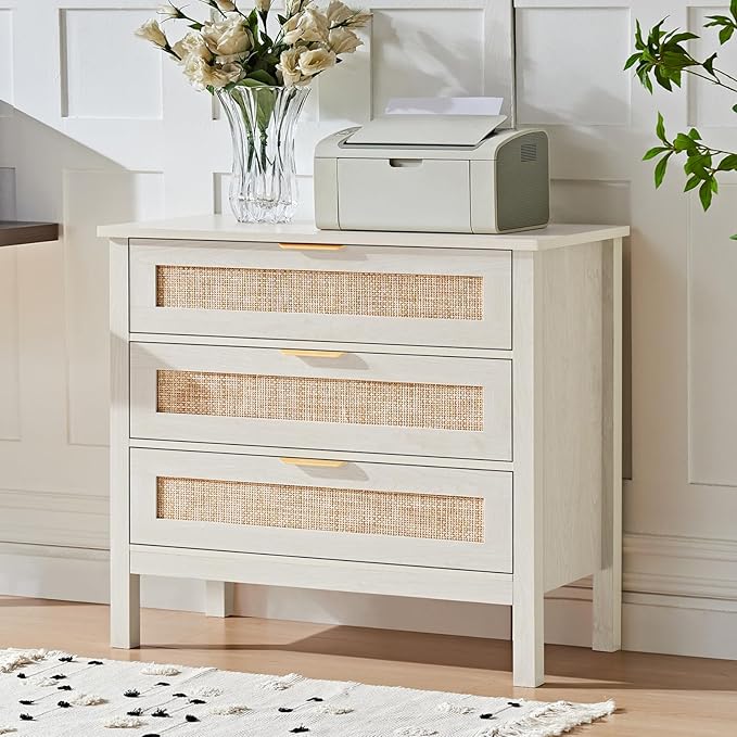 LEYAOYAO 31.5" Wide Rattan Night Stand, Large Boho Nightstand, Bedside Table with Storage, Tall Bed Side End Tables, Chest of Drawers for Bedroom, Living Room, Hallway（Grey,3 Drawers,2）