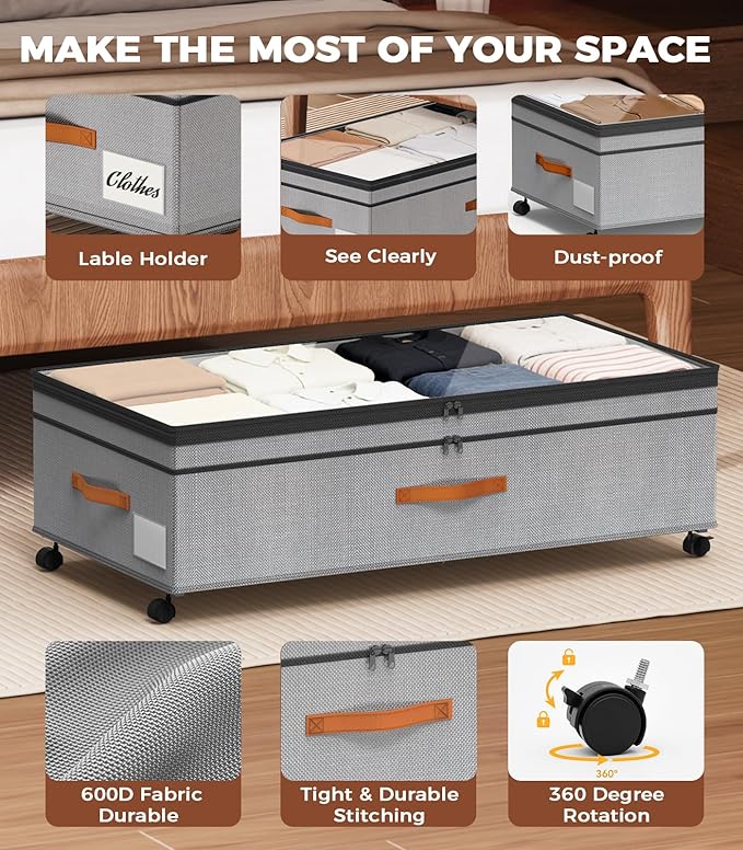 Under Bed Storage, 35.5 inches Under Bed Storage with Wheels, Large Capacity UnderBed Containers with Clear Lids, 2Pcs Rolling Under the Bed Storage for Clothes, Shoes, Blankets Black (Deep Gray)