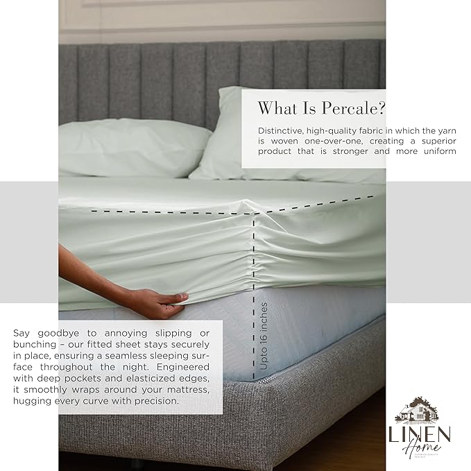 Linen Home 100% Cotton Percale Sheets California King Size, Dove Grey, Deep Pocket, 4 Pieces Set - 1 Flat, 1 Deep Pocket Fitted Sheet and 2 Pillowcases, Crisp Cool and Strong Bed Linen