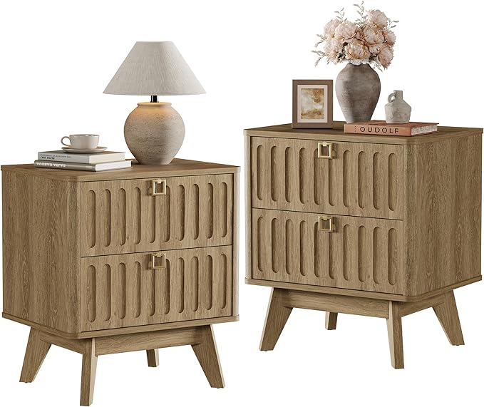 SICOTAS Nightstand Set of 2, Modern Bedside Tables with 2 Drawers, Stable Bedroom Nightstands with Textured Drawer Front and Gold Hardware for Bedroom, Apartment