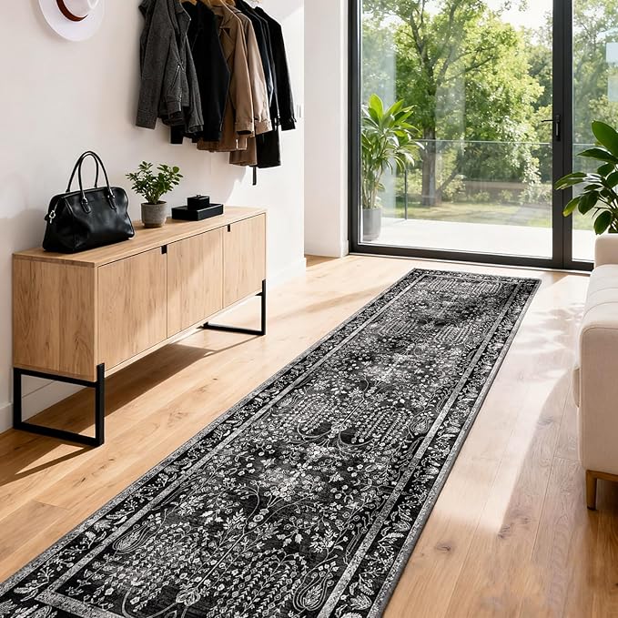 3x8 Hallway Washable Runner Rug: Extra Long Kitchen Runner Non Slip Floral Rugs Printed Faux Wool Low Pile Soft Indoor Floor Carpet for Bedroon Dining Living Room Bathroom Black White 3x8