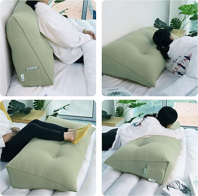 homecozy Wedge Headboard Pillow Dorm Room Reading Pillow Back Support for Sitting Up in Bed Bolster Lumbar Cushion Body Positioning Bedrest Cotton Linen 59in Grass Green Queen