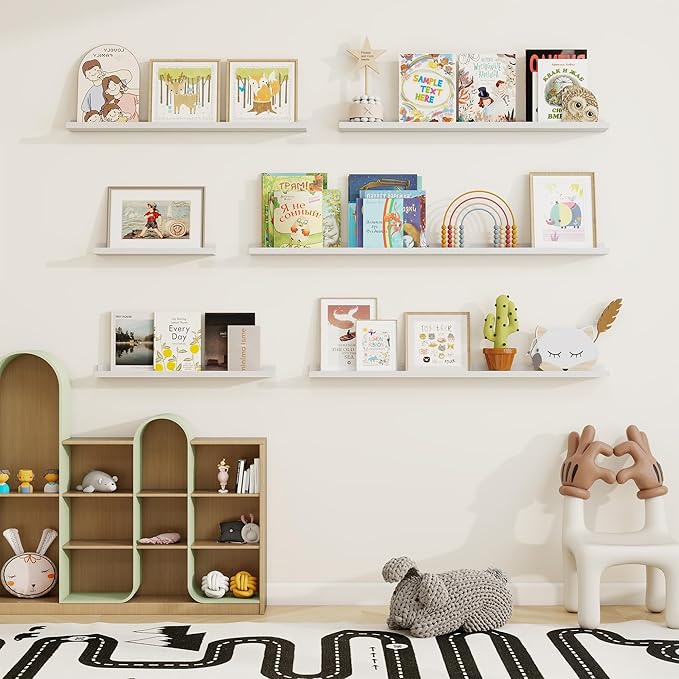 Picture Ledge Shelf, Floating Shelves Set of 2, 32 Inches Solid Wood Nursery Book Shelves for Toys Storage, Kids Bookshelf Wall Mounted for Living Room Bedroom Decor Books Photo Frames, White