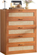 LEYAOYAO Dresser for Bedroom, 41" Tall Chest of Drawers, Modern 5 Drawers Boho Rattan Dressers with Storage, Dresser Wooden Closet Organizer for Living Room, Hallway, Tea Brown