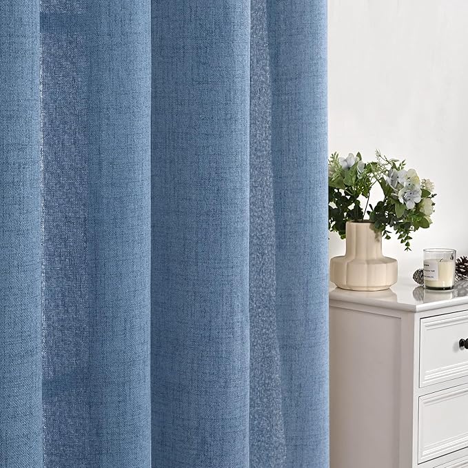 YoungsTex Blue Linen Curtains 54 Inches Length for Short Window - Bronze Grommet Light Filtering Drapes Privacy for Bedroom Kitchen Bathroom Decorative, 42 x 54 Inch, 2 Panels