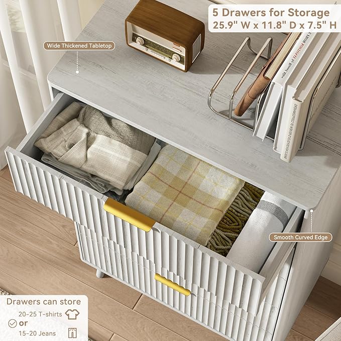 CARPETNAL Fluted 5 Drawers Dresser for Bedroom, 45" Tall Wooden Chest of Drawers with Rounded Corners, Gold Handles, Modern Storage Organizer for Bedroom, Hallway (White)