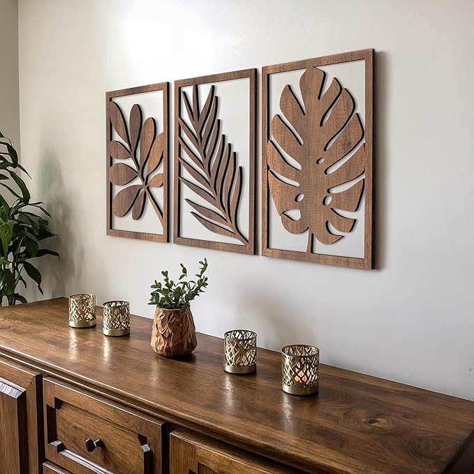 qmmp Modern Wooden Wall Sculptures - Set of 3 - Home Decor Accent - Large Wall Art for Living Room, Bedroom, Office - Easy Installation (Walnut, Medium - Tree Leaves)