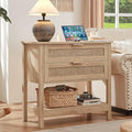 LEYAOYAO 31.5" Wide Rattan Night Stand with Charger Station, Oversized Large Boho Nightstand with 2 Drawer, Natural Wood Bed Side End Tables, Tall Bedside Table for Bedroom Living Room, Hallway