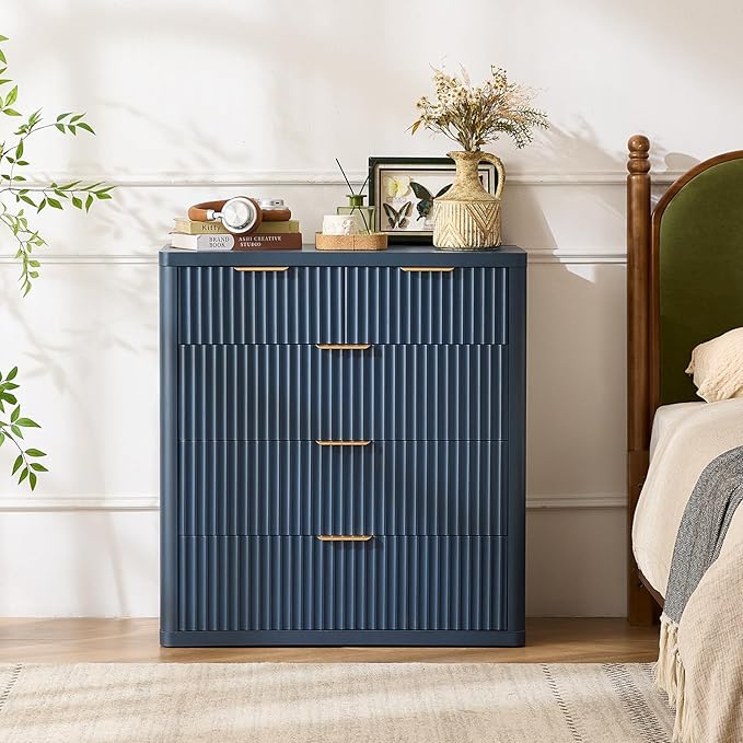 LEYAOYAO Fluted 5 Drawers Dresser for Bedroom, 34" Tall Modern Chest of Drawers with Metal Handle, Curved Profile Design,Navy Blue Wood Drawer Organizer for Bedroom, Living Room, Hallway, Entryway