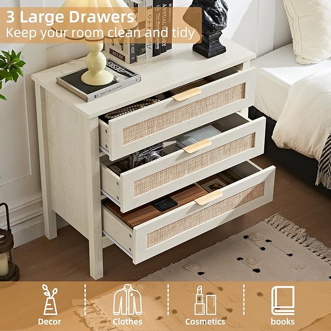 LEYAOYAO 31.5" Wide Rattan Night Stand, Large Boho Nightstand, Bedside Table with Storage, Tall Bed Side End Tables, Chest of Drawers for Bedroom, Living Room, Hallway（Grey,3 Drawers,2）