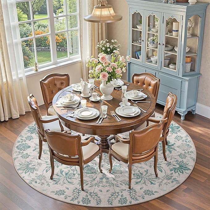 jinchan Torino Classic Floral Round Rug 7ft Vintage-Inspired Design 7’Circle Rug Machine Washable Ultra-Thin Low-Pile Non-Slip Indoor Carpet for Bedroom Dining Room Living Room