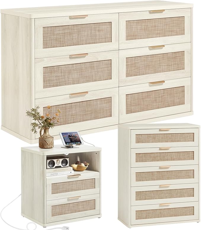 LEYAOYAO Rattan Dresser and Nightstand Set of 3, Boho Wood Dresser for Bedroom with 6 Drawers and Night Stand with Charging Station, Bedroom Furniture, Dressers & Chests of Drawers,Hallway,Living Room